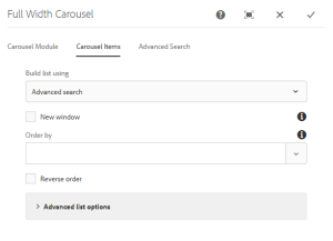 Zoom image: The component opened for editing showing the Carousel Items tab settings. 