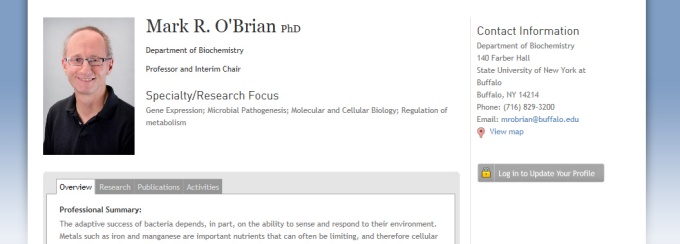 screenshot of Mark O'Brian's faculty profile on the Department of Biochemistry website. 