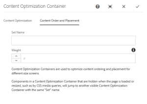 Zoom image: The Content Optimization Container opened for editing showing the Content Order and Placement tab.