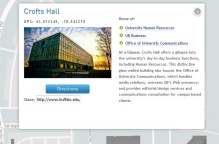 Zoom image: The dialog box for Crofts Hall is shown, including its description and GPS coordinates. 