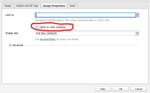 Zoom image: The 'Open in new page' setting in a Photo component. 