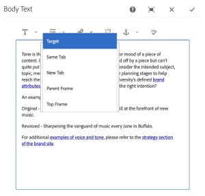 Zoom image: The 'Open in new page' setting in a Body Text component. 