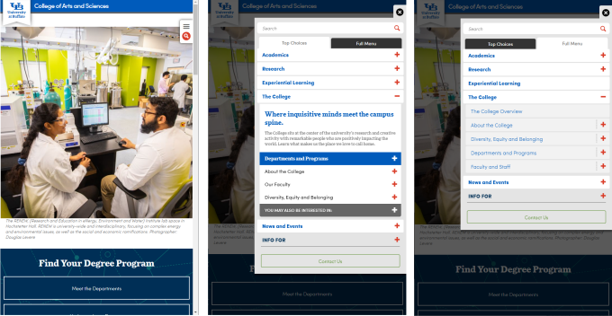 Zoom image: The College of Arts &amp; Sciences website top navigation in desktop (left) and mobile views. 