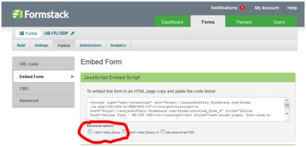 Zoom image: In Formstack, select 'I don't need jQuery' before copying the embed code. 